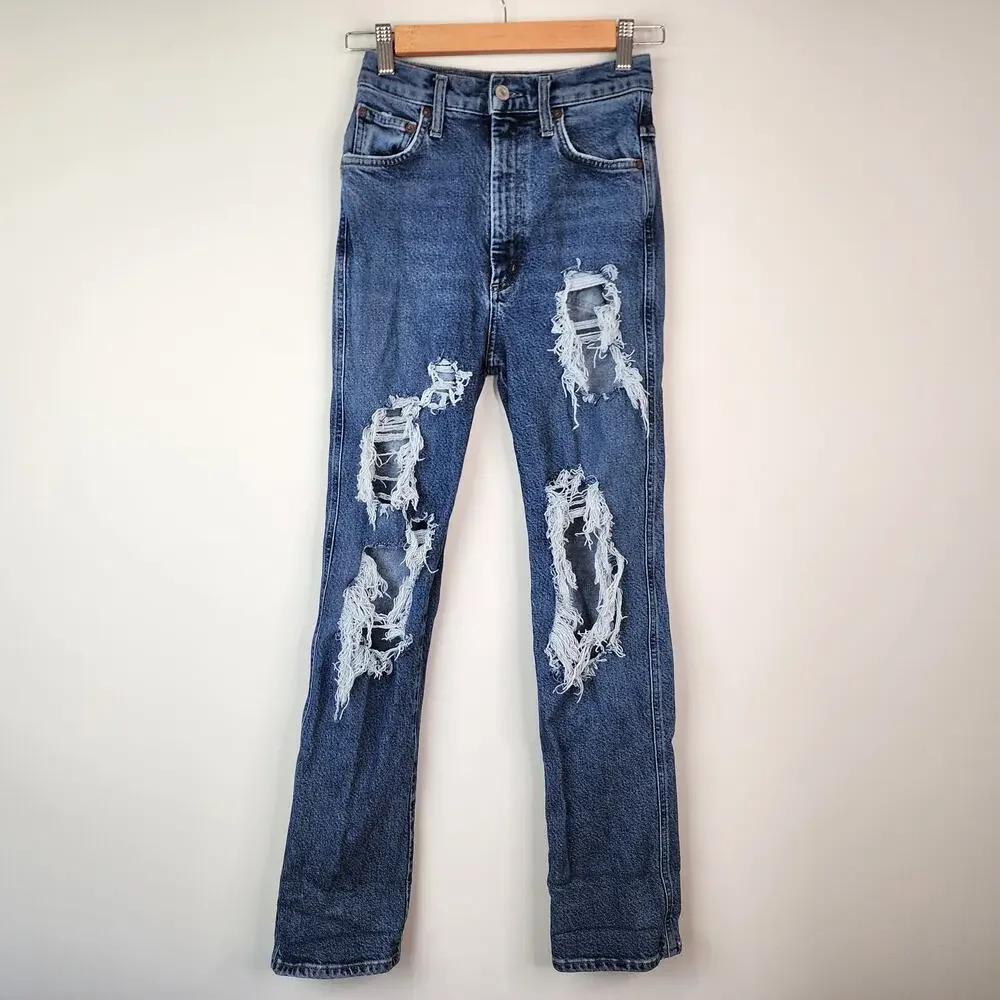 Agolde Pinch Waist High Rise Straight Jeans Size 24 Distressed Ripped Denim